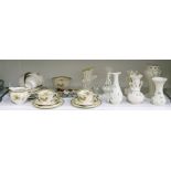 Six various Belleek ivory porcelain vases with shamrock decoration, small quantity of Wade porcelain