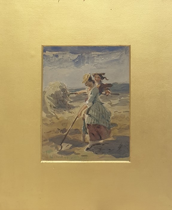 Late 19th/early 20th century English school Watercolour drawing Study of two female figures farming,