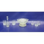 Heavy cut glass fruit bowl with lobed and serrated border, similar smaller dish, set of six cut