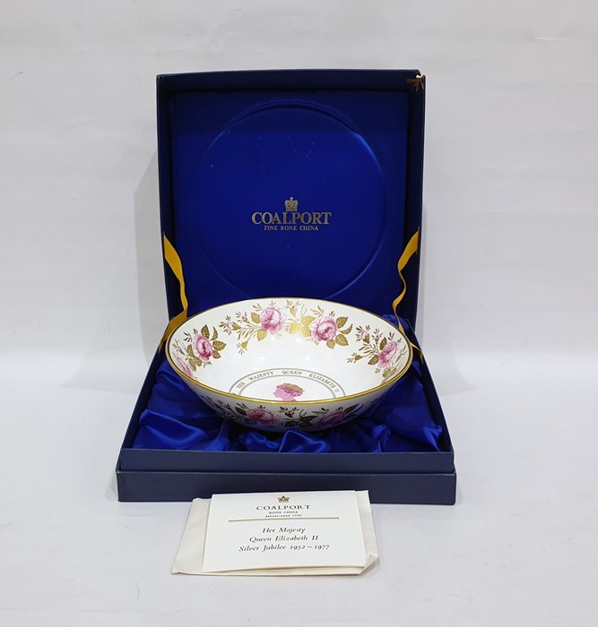 Coalport porcelain Queen Elizabeth II Silver Jubilee commemorative bowl with pink and gilt rose