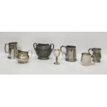 Quantity of silver-plate and pewter to include pint mugs, toast racks, bowls, cups, etc and an