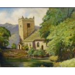 T Marshall Furness (19th/20th century, British) Oil on board Study of a church with mountain, signed