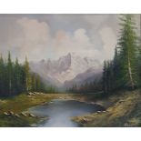 F. Rauscher Oil on canvas Continental lake scene, signed