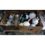 Six boxes of china and glassware to include large brandy balloon, decanters, vases, plant pot