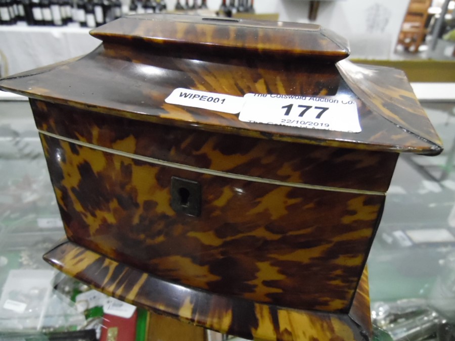 Tortoiseshell two-section tea caddy with bowfront, raised on bun feet  Condition Reportchips and - Image 3 of 12