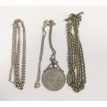 Silver graduated curb link chain, 31 g approx, a 1977 crown in pendant on chain and two other albert