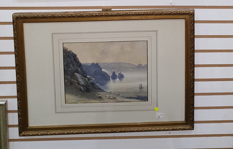 A B Charles (?) Watercolour drawing 19th century school, coastal scene with sheep to foreground - Image 2 of 2