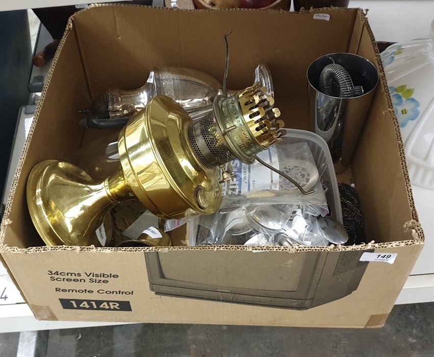 Brass paraffin lamp, assorted flatware, glass shade, etc (1 box)