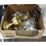 Brass paraffin lamp, assorted flatware, glass shade, etc (1 box)