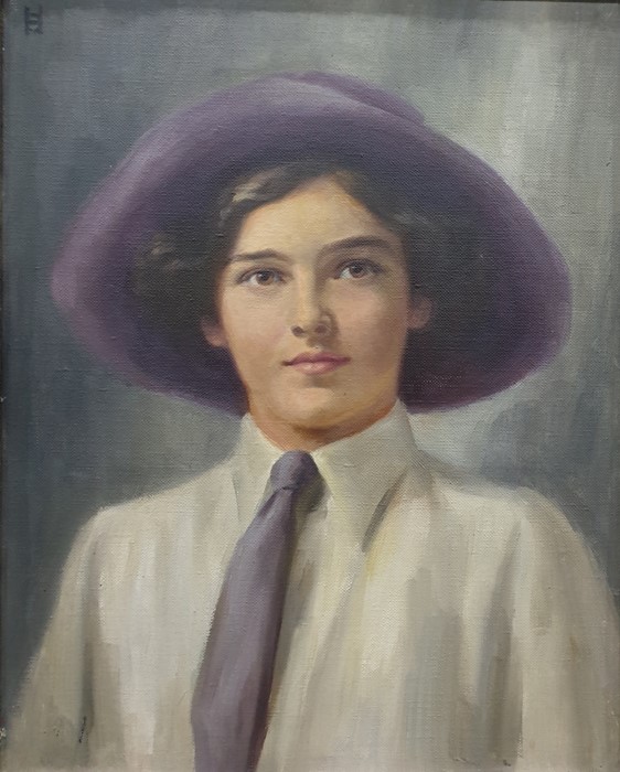 Unattributed Oil on canvas monogrammed Early 20th century portrait, possibly of a Suffragette