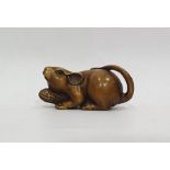 Japanese carved horn netsuke in the form of a mouse with monkey nut, signed to base, 6.5cm wide