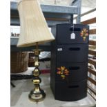 Modern leatherette bow-fronted drawer set and modern brass table lamp and shade