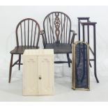 Assorted furniture to include stickback chairs, formica-topped table, firescreen, towel rack, etc (