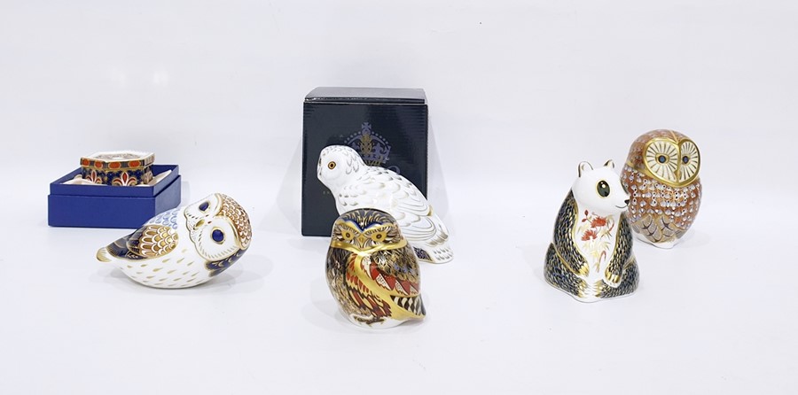 Royal Crown Derby china paperweight "Snowy Owl", boxed, four other Royal Crown Derby china