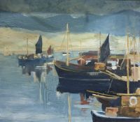 After Graham Donaldson Oil on canvas Moored sailing vessels, labelled verso, 39.5 x 44.5 cms