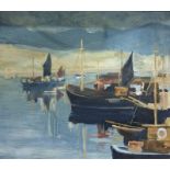 After Graham Donaldson Oil on canvas Moored sailing vessels, labelled verso, 39.5 x 44.5 cms