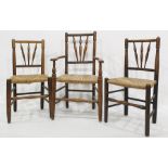 Set of seven (5+2) circa 1920's dining chairs, the three turned spindle back splaying outwards to