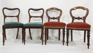 Set of four rosewood framed dining chairs on turned and carved front supports to peg feet and