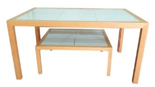 Modern glass-top dining table and two matching side tables and a coffee table (4)