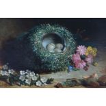 Abel Hold (1815- 1891) Oil on board Study of  bird's nest with speckled eggs, white blossom and pink