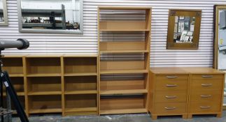 Pair of four-drawer chests, a tall open bookcase and three further open bookcases (6)