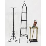 Assorted metalware to include brass umbrella stand, pan rack, adjustable torchere and a shooting