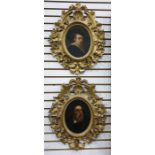 Pair Dutch style Oils on panel Each oval - bearded gentleman wearing large brimmed hat and another