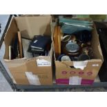 Various household items and photographs in two boxes including bamboo cased meat carving set,
