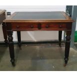 19th century mahogany desk with black leather inset top, moulded edge, two drawers, on turned and