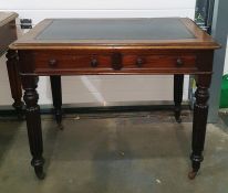 19th century mahogany desk with black leather inset top, moulded edge, two drawers, on turned and