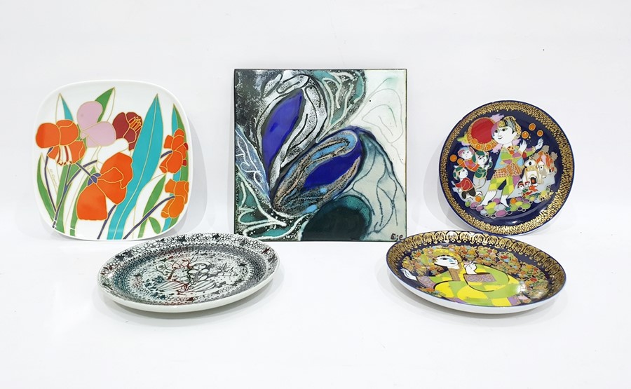 Pair Rosenthal Bjorn Wiinblad wall plates "Aladdin" pattern, Bodil Eja decorated tile in shades of