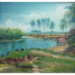 Oils on board Tropical beach scene and another similar (2)