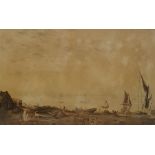 Early 19th century English  school Watercolour drawing Estuary scene with figures, boats and donkeys