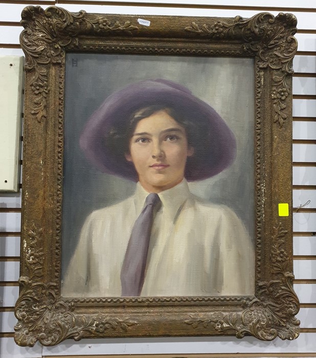 Unattributed Oil on canvas monogrammed Early 20th century portrait, possibly of a Suffragette - Image 2 of 2