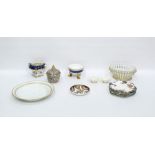 Osier-pattern dishes and two similar plates, pair Belleek style ivory porcelain scallopshell dishes,