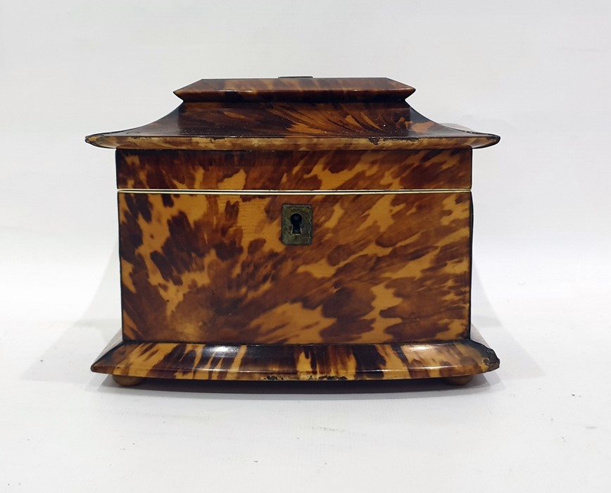 Tortoiseshell two-section tea caddy with bowfront, raised on bun feet  Condition Reportchips and