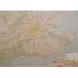 A framed road map of the South East of England 50 x 69 cms