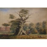 19th century school Watercolour drawing Figures by a tree, with another, indistinctly monogrammed