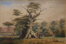 19th century school Watercolour drawing Figures by a tree, with another, indistinctly monogrammed