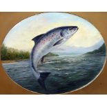 Unattributed Oil on canvas Leaping salmon, oval 33 x 42cms
