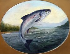 Unattributed Oil on canvas Leaping salmon, oval 33 x 42cms