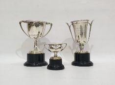 Silver two handled trophy cup, the Royal Island Club, The Duffers Cup 1956, raised on a circular