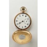 Gent's 9ct gold half hunter pocket watch with white enamel dial, Roman numerals, subsidiary