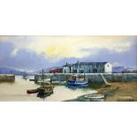 Large framed print King of Spades from a deck of cards Oil on canvas Harbour scene, indistinctly