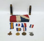 Two WW1 medals and a WW1 Star awarded to Pnr S R Hicks and a cap badge, sundry ribbons, two old