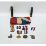 Two WW1 medals and a WW1 Star awarded to Pnr S R Hicks and a cap badge, sundry ribbons, two old