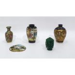 Two Japanese Satsuma miniature vases, a small cloisonne vase and two other items (5)