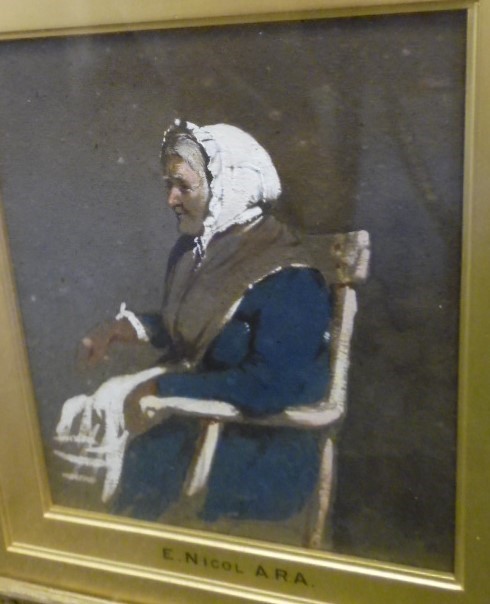 Attributed to Erskine Nicol (1825-1904) Oil on panel Study of an old woman in white cap, seated in