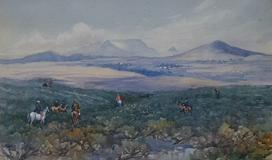 Twentieth century school Watercolour drawing Hunt with hounds over the hills, unsigned 20 x 35 cms - Image 2 of 2