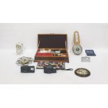 Various barometers, ceramic clock, Olympus camera, Kodak box camera, wooden sewing box inlaid,